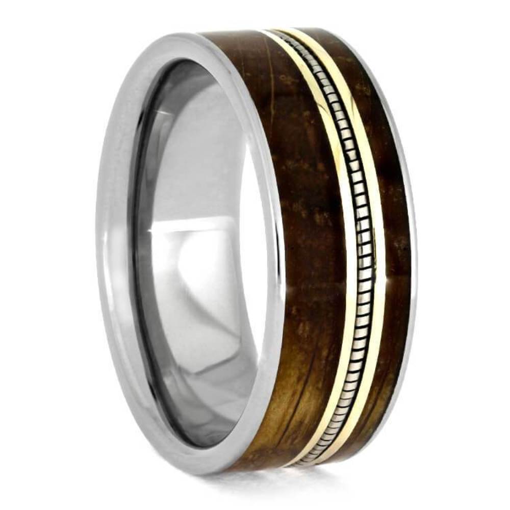  Whiskey Barrel Oak Wood, Cello String, 10k Yellow Gold 8mm Comfort-Fit Titanium Wedding Band