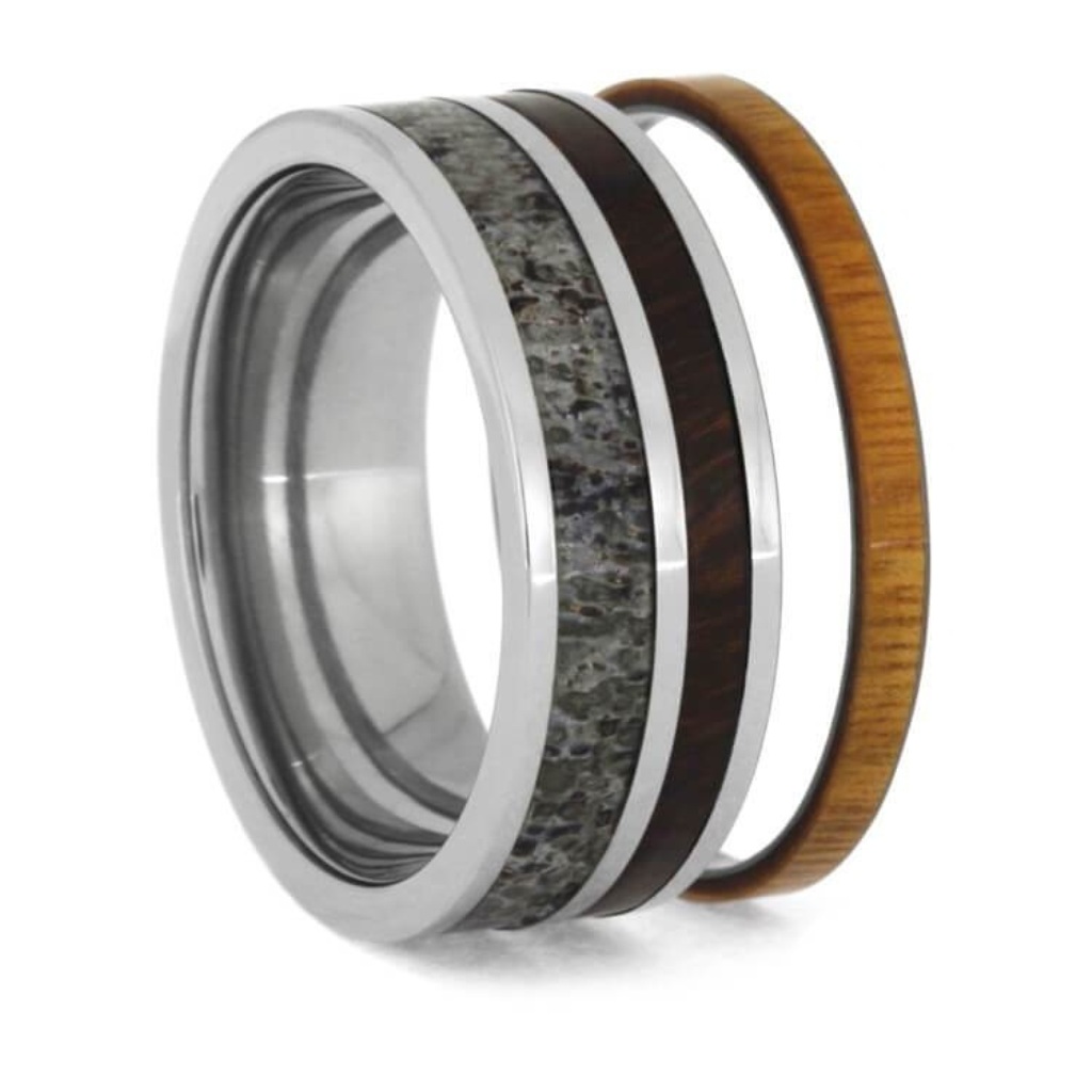 Interchangeable Antler Ring With Two Wooden Inlays, Titanium Core