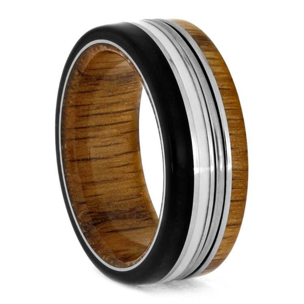     Ebony Wood, Oak Wood, White Enamel Pinstripe with Piano String 7.50mm Titanium Comfort-Fit Wedding Band