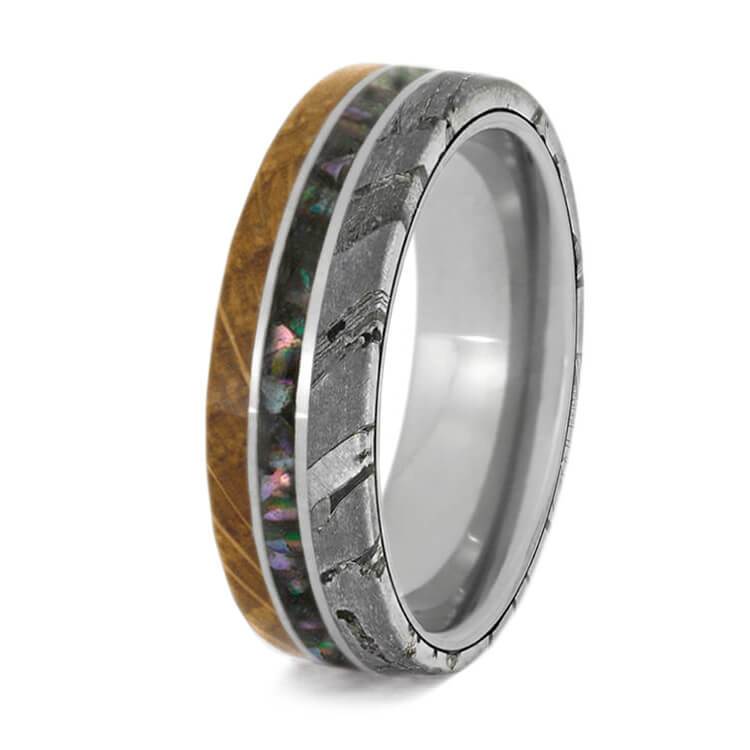  Whiskey Barrel Oak Wood, Seymchan Meteoritel with Crushed Abalone 6.5mm Comfort-Fit Wedding Ring