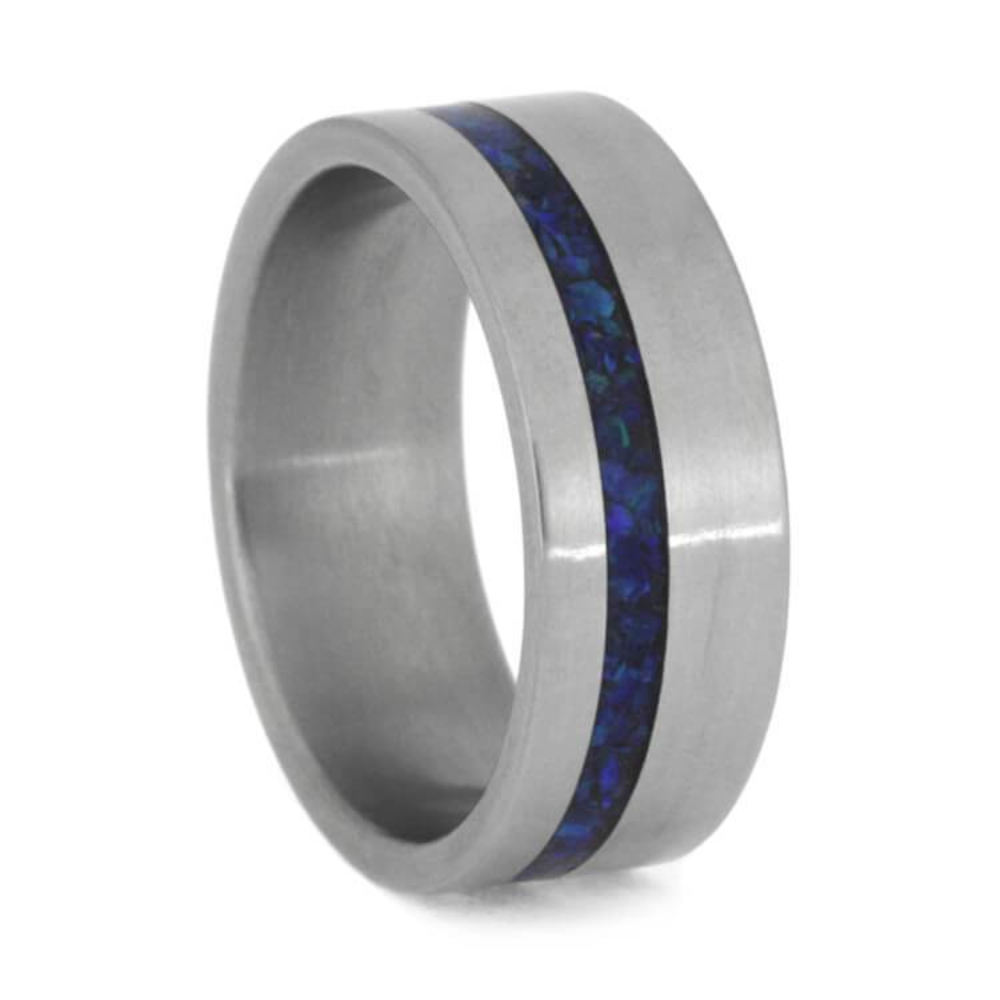    Titanium Overlay, Crushed Synthetic Opal 8mm Matte Titanium Comfort-Fit Wedding Band