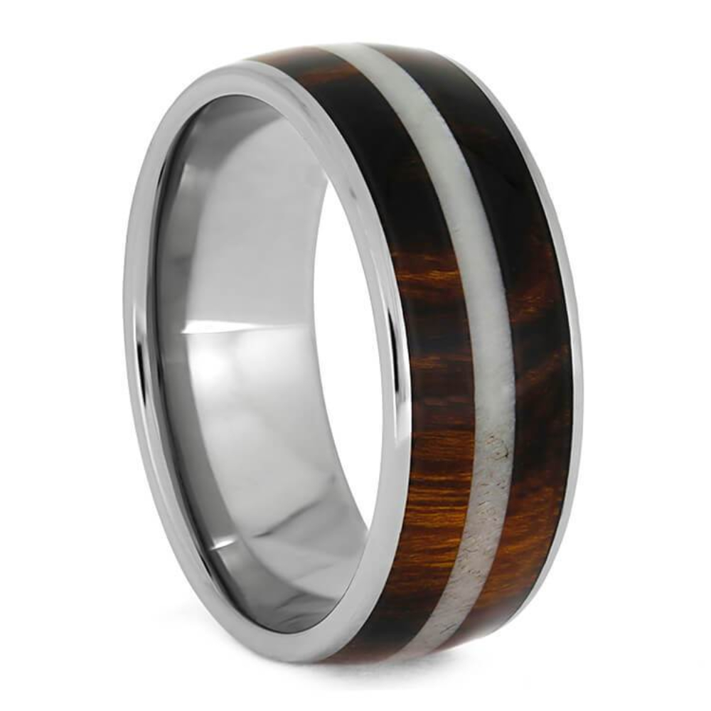  THonduran Rosewood , Bright Deer Antler Inlay 8mm Comfort-Fit Titanium Wedding Band