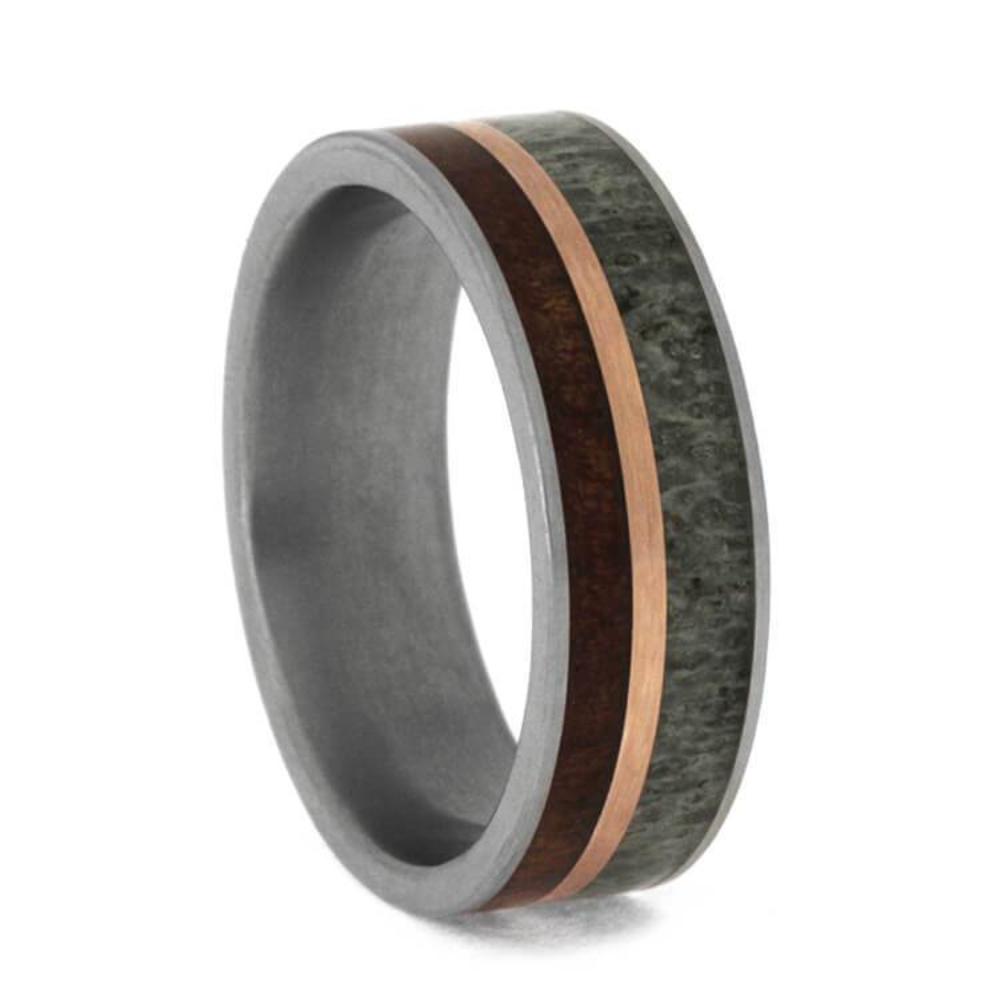 Deer Antler, Koa Wood with 14k Rose Gold Pinstripe 7mm Comfort-Fit Matte Titanium Wedding Band