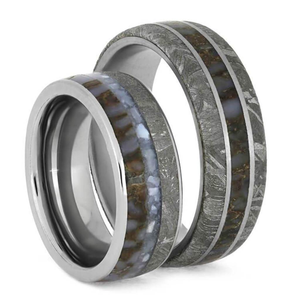 Meteorite Wedding Band Set With Matching Dinosaur Bone, Titanium Rings3719