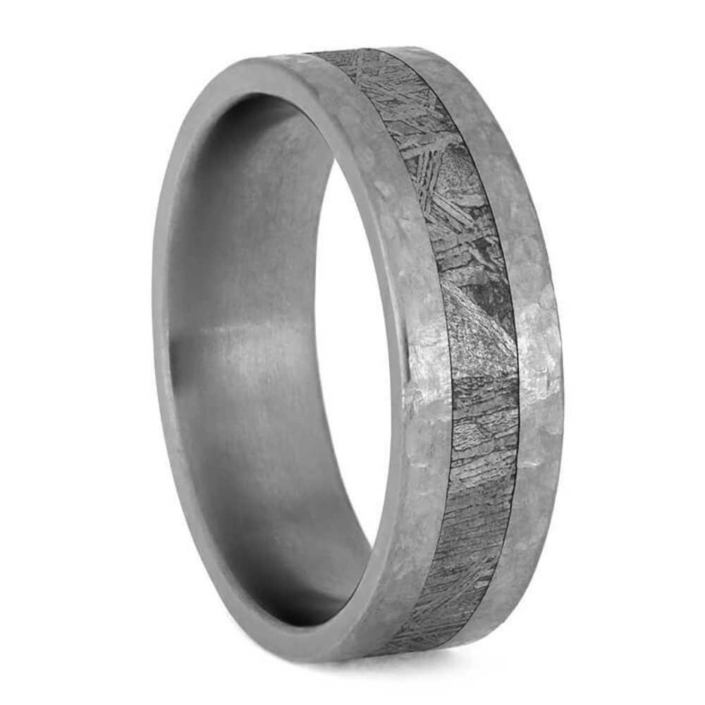  Gibeon Meteorite Inlay 7mm Comfort-Fit Brushed Hammered Titanium Wedding Band