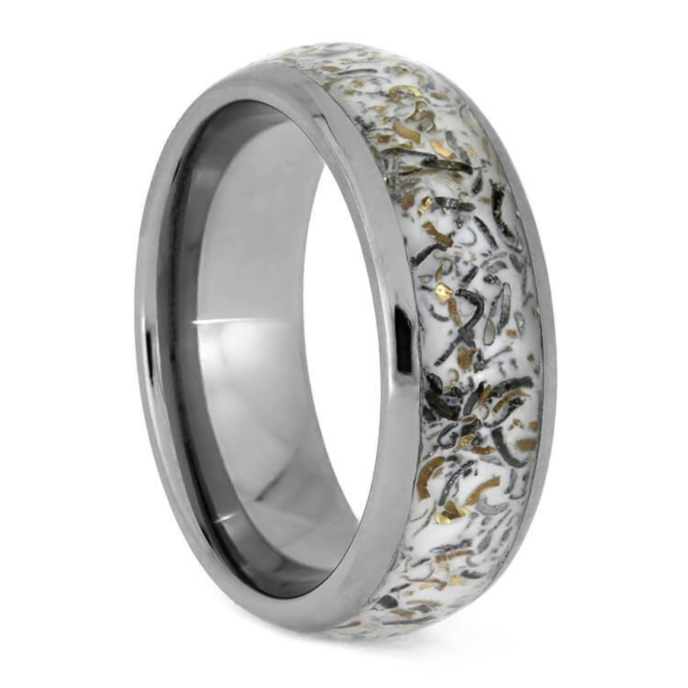   Meteorite White Stardust Yellow Gold Shavings Inlay 7mm Comfort-Fit Titanium Wedding Band