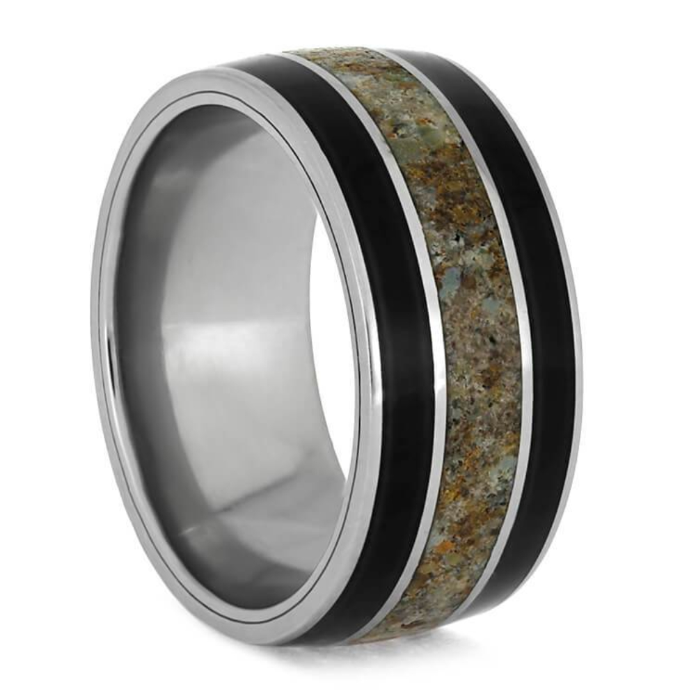   African Exotic Blackwood, Dinosaur Bone Inlay 10mm Comfort-Fit Titanium Wedding Band