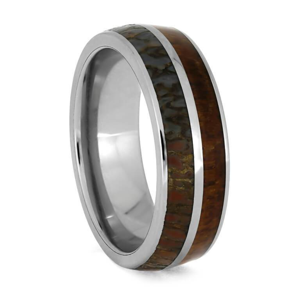 Dinosaur Bone with Teak Wood Inlay 7mm Comfort-Fit Titanium Wedding Band