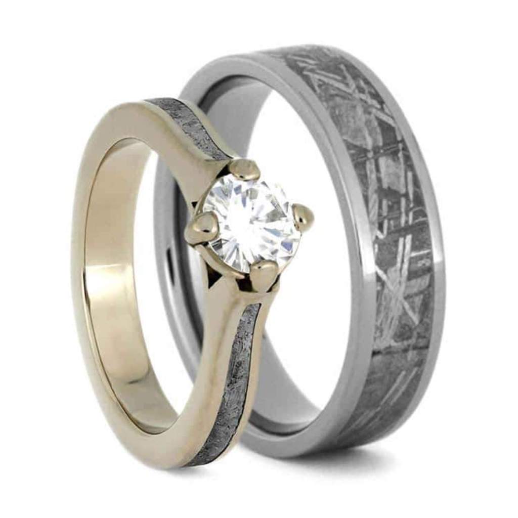 Meteorite Wedding Ring Set With White Gold And Titanium-3771