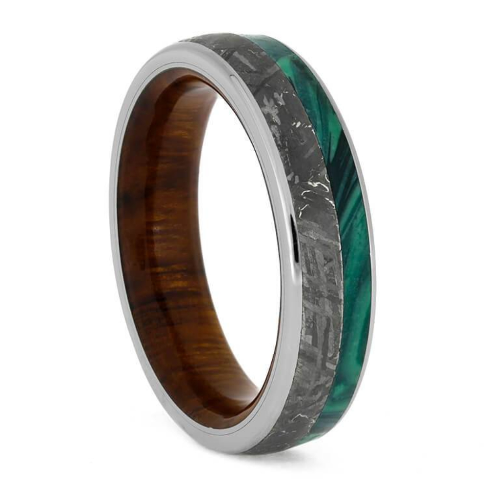 Gibeon Meteorite, Malachite Ironwood Sleeves 5.5mm Comfort-Fit Titanium Wedding Band