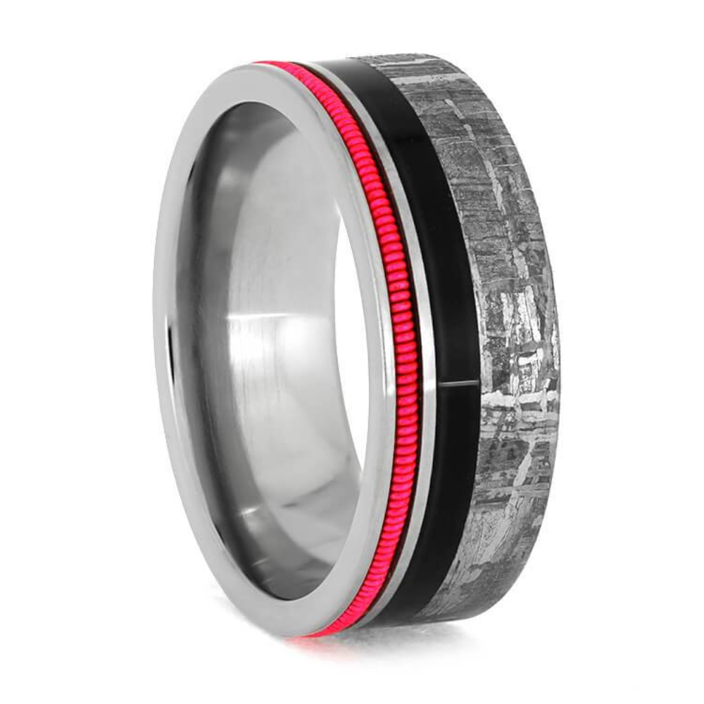 Gibeon Meteorite, Ebony Wood Inlay with Neon Guitar String 8.25mm Comfort-Fit Titanium Wedding Band