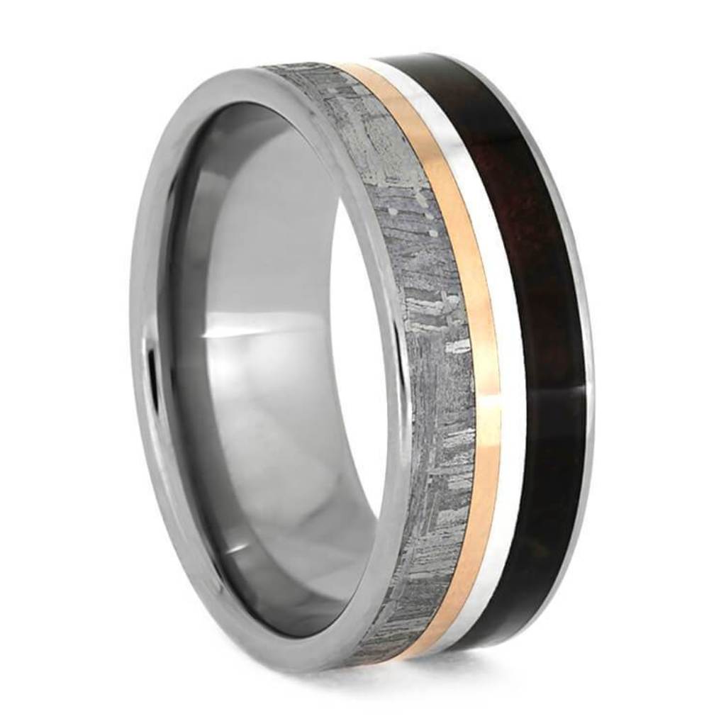 Gibeon Meteorite, Redwood, 14k Rose Gold, Sterling Silver 8mm Titanium Comfort-Fit Wedding Band