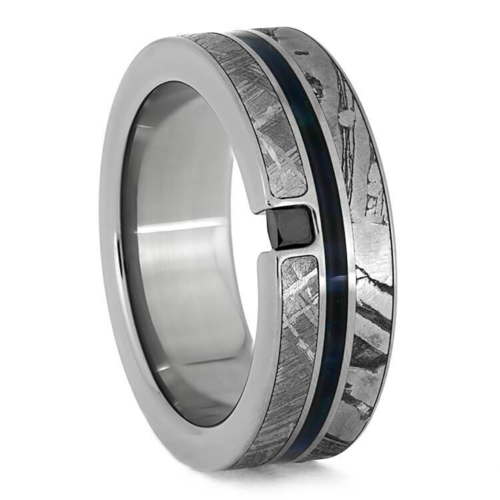 Black Diamond, Seymchan Meteorite, Blue Box Elder Wood, Gibeon Meteorite 8.5mm Comfort-Fit Titanium Wedding Band 