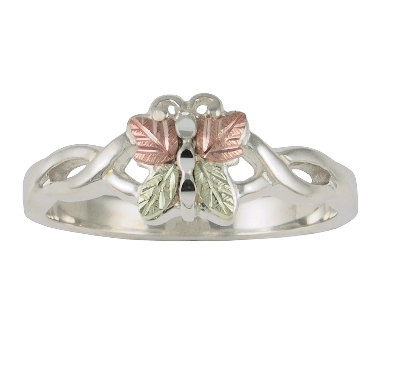 Beautiful rhodium-plated sterling silver butterfly ring in Black Hills Gold. 