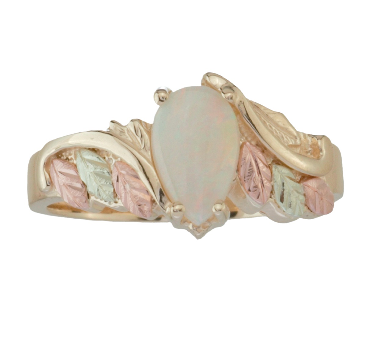 Opal Pear Cabochon Ring, 10k Yellow Gold, 12k Green and Rose Gold Black Hills Gold Motif.