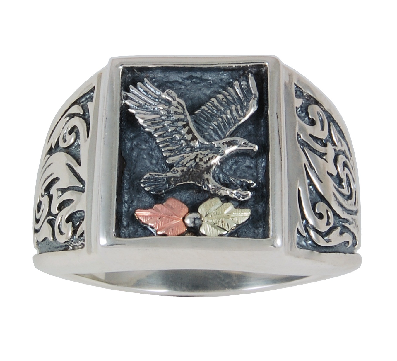 Eagle Oxidized Ring, Sterling Silver, 12k Green and Rose Gold Black Hills Gold Motif