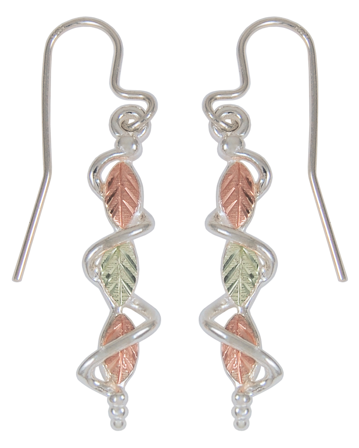 Inlaid Grape Leaf Swirl Dangle Earrings, Sterling Silver