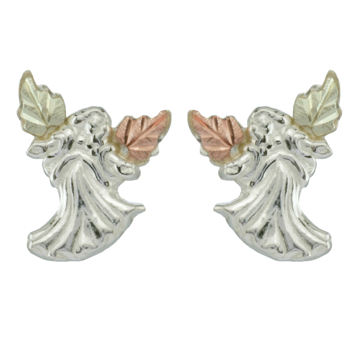 Angel Earrings, Sterling Silver, 12k Green and Rose Gold Black Hills Gold Motif 