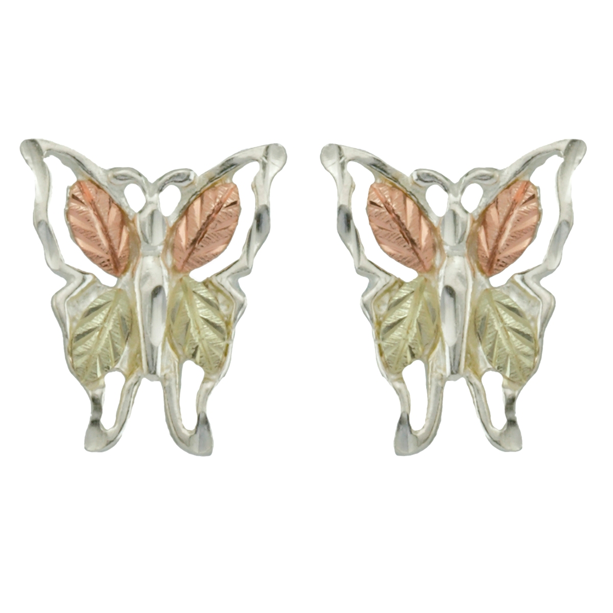 Black Hills Gold butterfly earrings in sterling silver and 12k green and rose gold. 