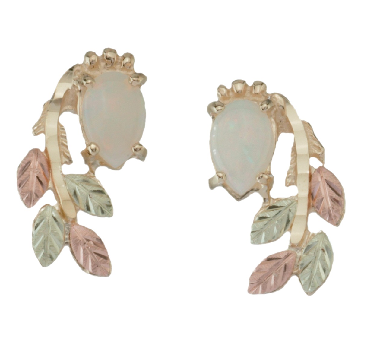 Opal Cabochon Pear Inlaid Leaf Earrings, 10k Yellow Gold, 12k Rose and Green Gold Black Hills Gold Motif.