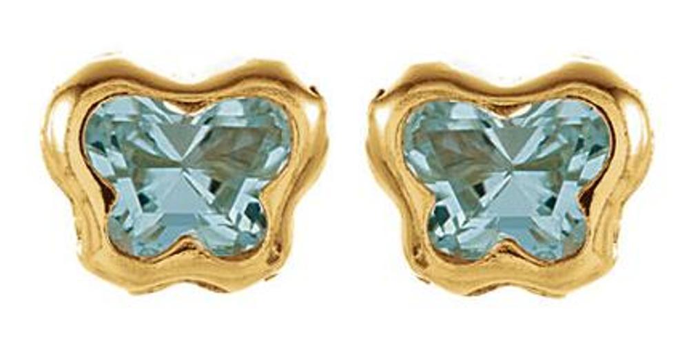 Girl's Bfly Sky Blue CZ Butterfly March Birthstone Earrings, 14k Yellow Gold
