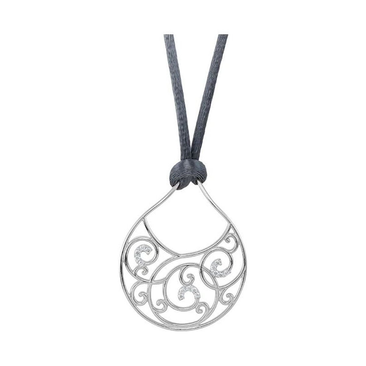 Diamond Scroll Pendant in Sterling Silver with Grey Satin Cord, 18