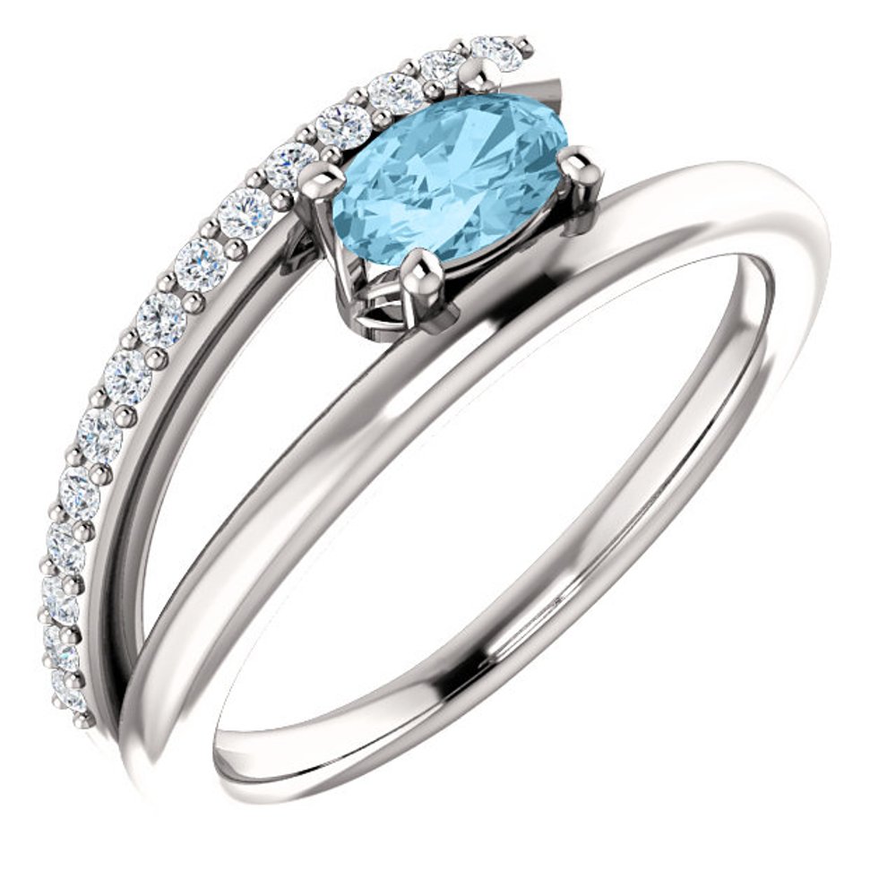 Diamond and Aquamarine Bypass Ring, Rhodium-Plated 14k White Gold
