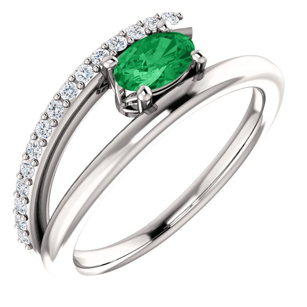 Diamond and Emerald Bypass Ring, Rhodium-Plated 14k White Gold
