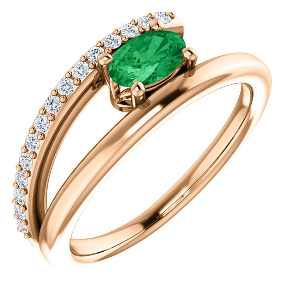 Diamond and Emerald Bypass Ring, 14k Rose Gold
