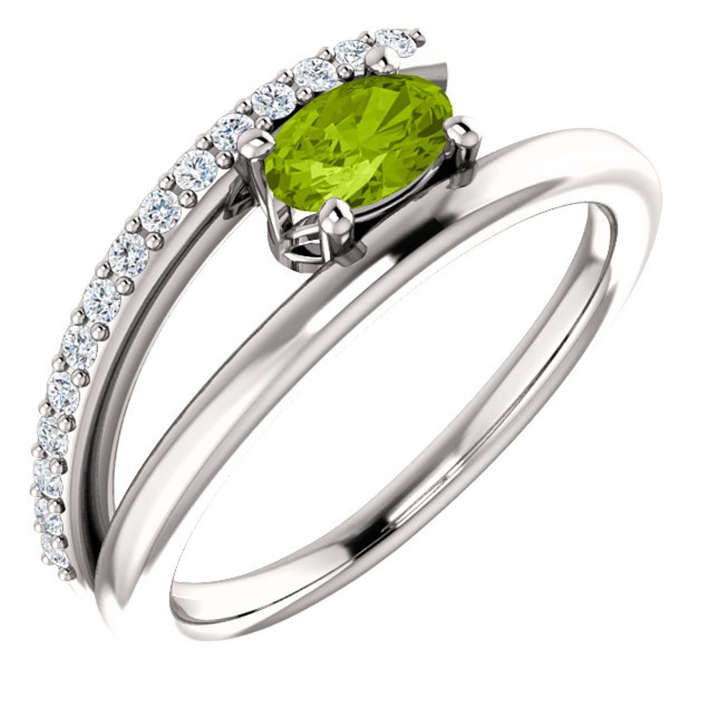 Diamond and Peridot Bypass Ring, Rhodium-Plated 14k White Gold
