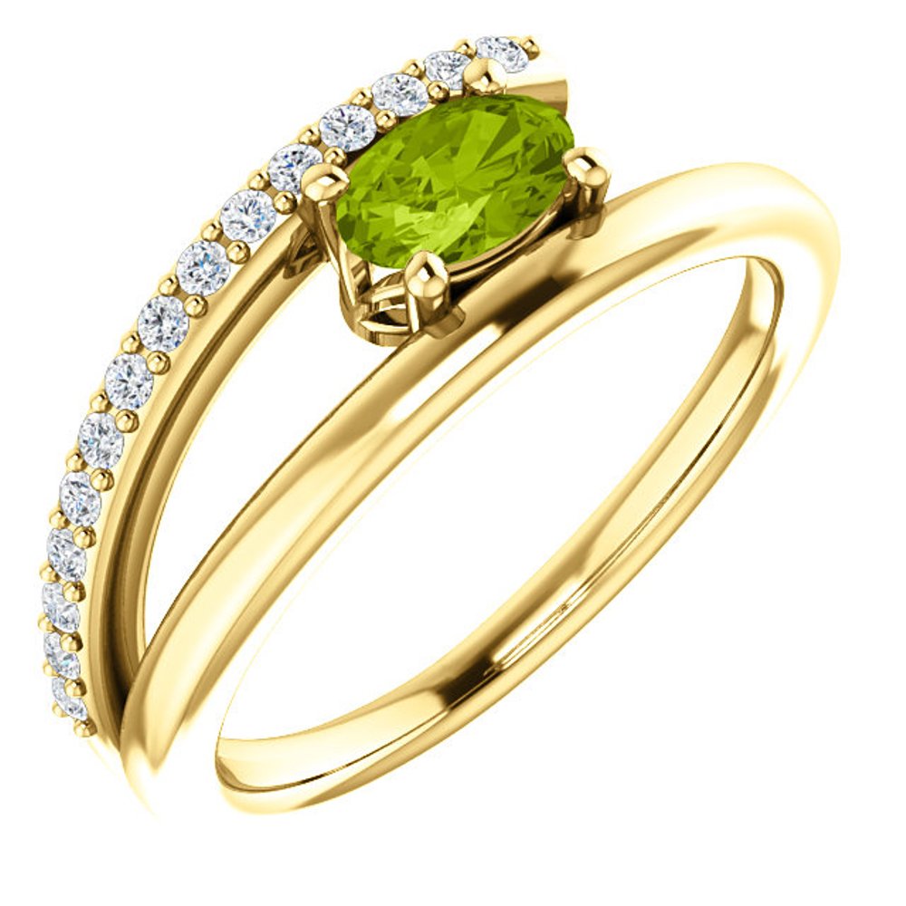 Diamond and Peridot Bypass Ring, 14k Yellow Gold
