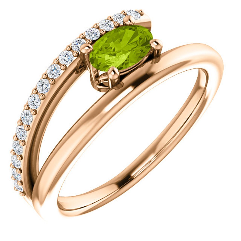 Diamond and Peridot Bypass Ring, 14k Rose Gold
