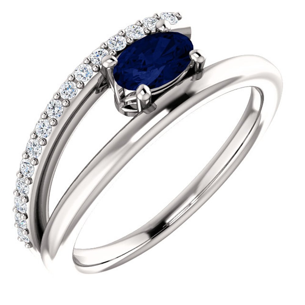 Diamond and Blue Sapphire Bypass Ring, Rhodium-Plated 14k White Gold
