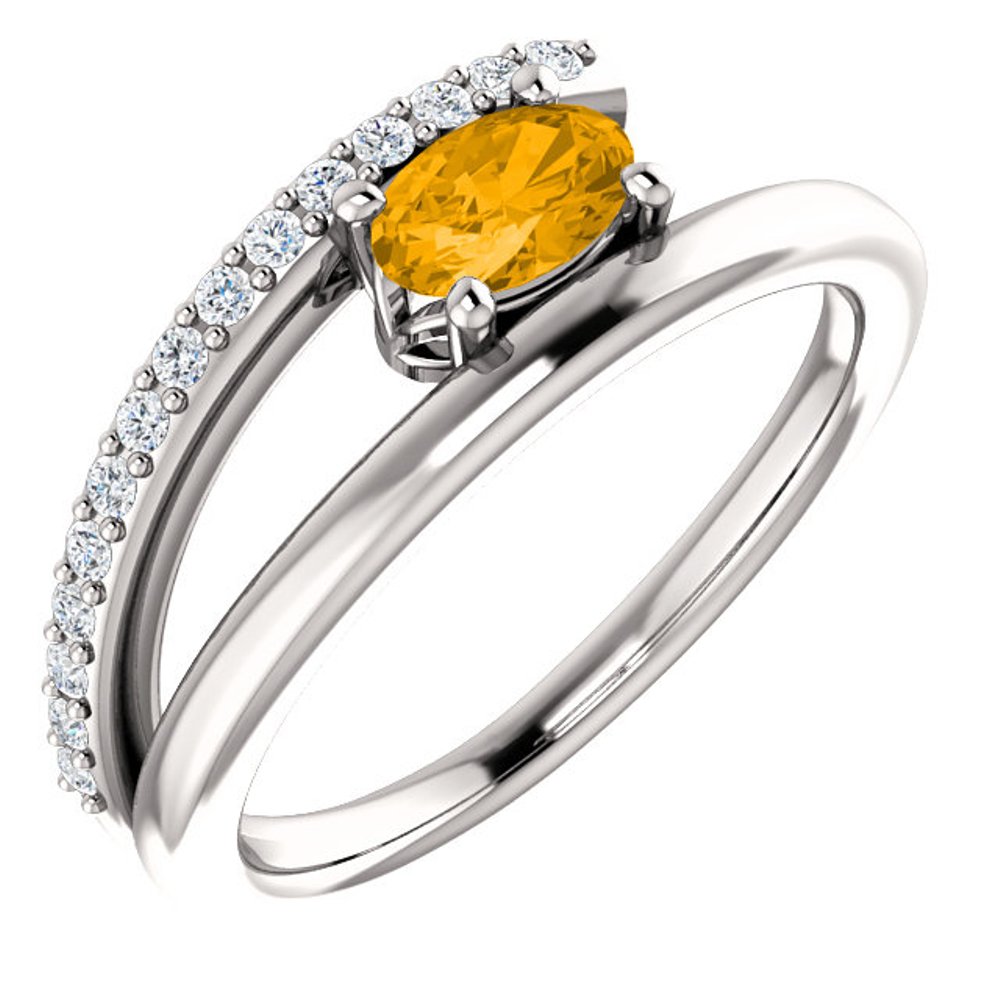 Diamond and Citrine Bypass Ring, Rhodium-Plated 14k White Gold
