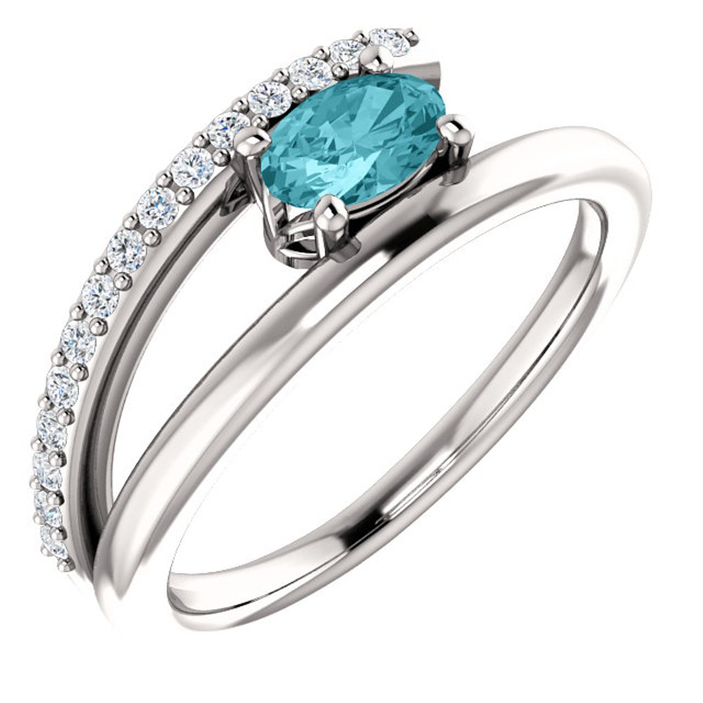 Diamond and Blue Zircon Bypass Ring, Rhodium-Plated 14k White Gold
