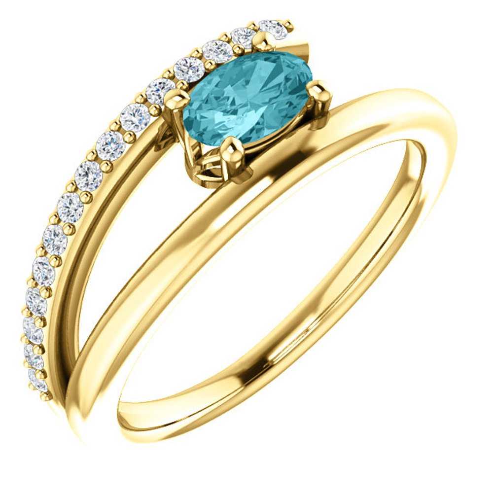 Diamond and Blue Zircon Bypass Ring, 14k Yellow Gold
