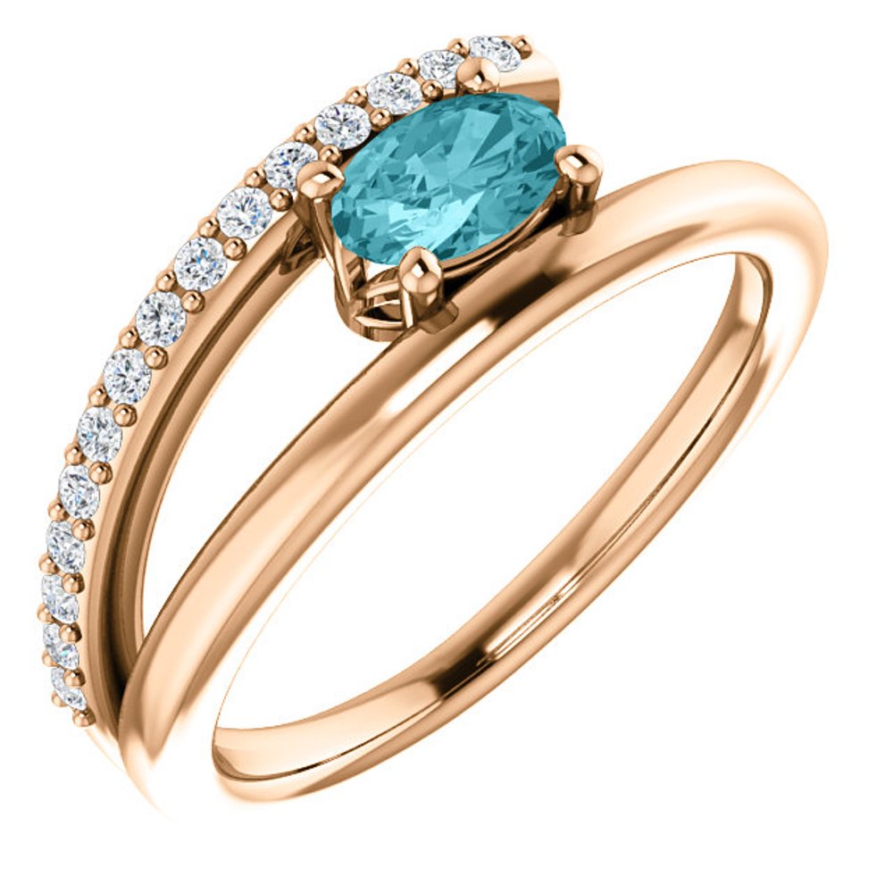 Diamond and Blue Zircon Bypass Ring, 14k Rose Gold
