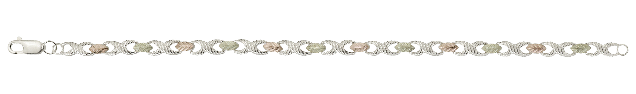 Infinity Link Bracelet, 10k yellow gold, 12k green gold, 12k rose gold Black Hills Gold motif grape leaves connect each infinity link.