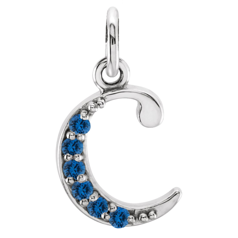 small case Ceylon Blue Sapphire Initial 'c' Pendant, front.