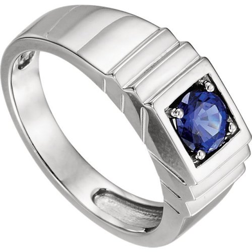 Men's Created Blue Sapphire Ring 14k White Gold. 