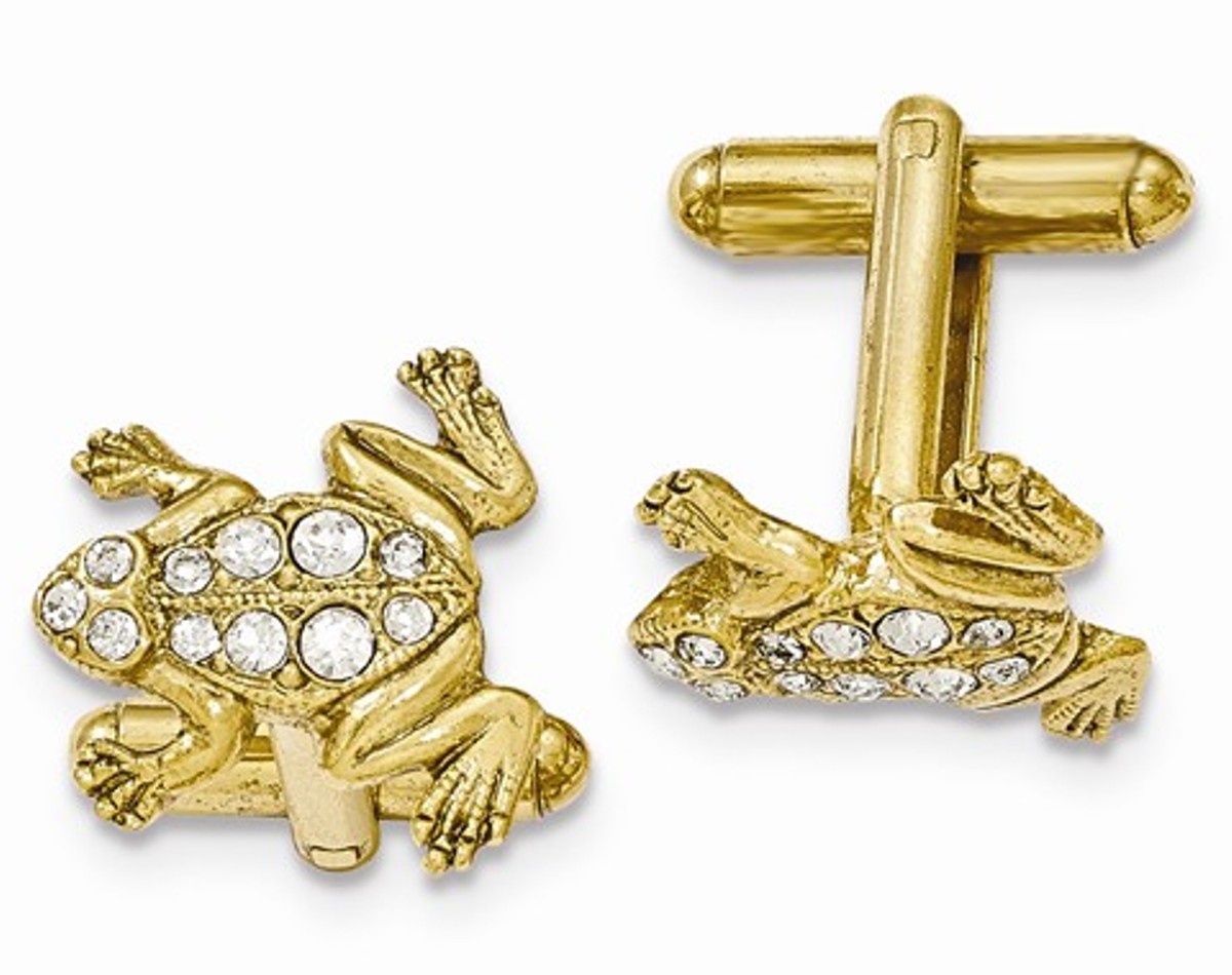 Gold-Tone White Crystal Frog Cuff Links