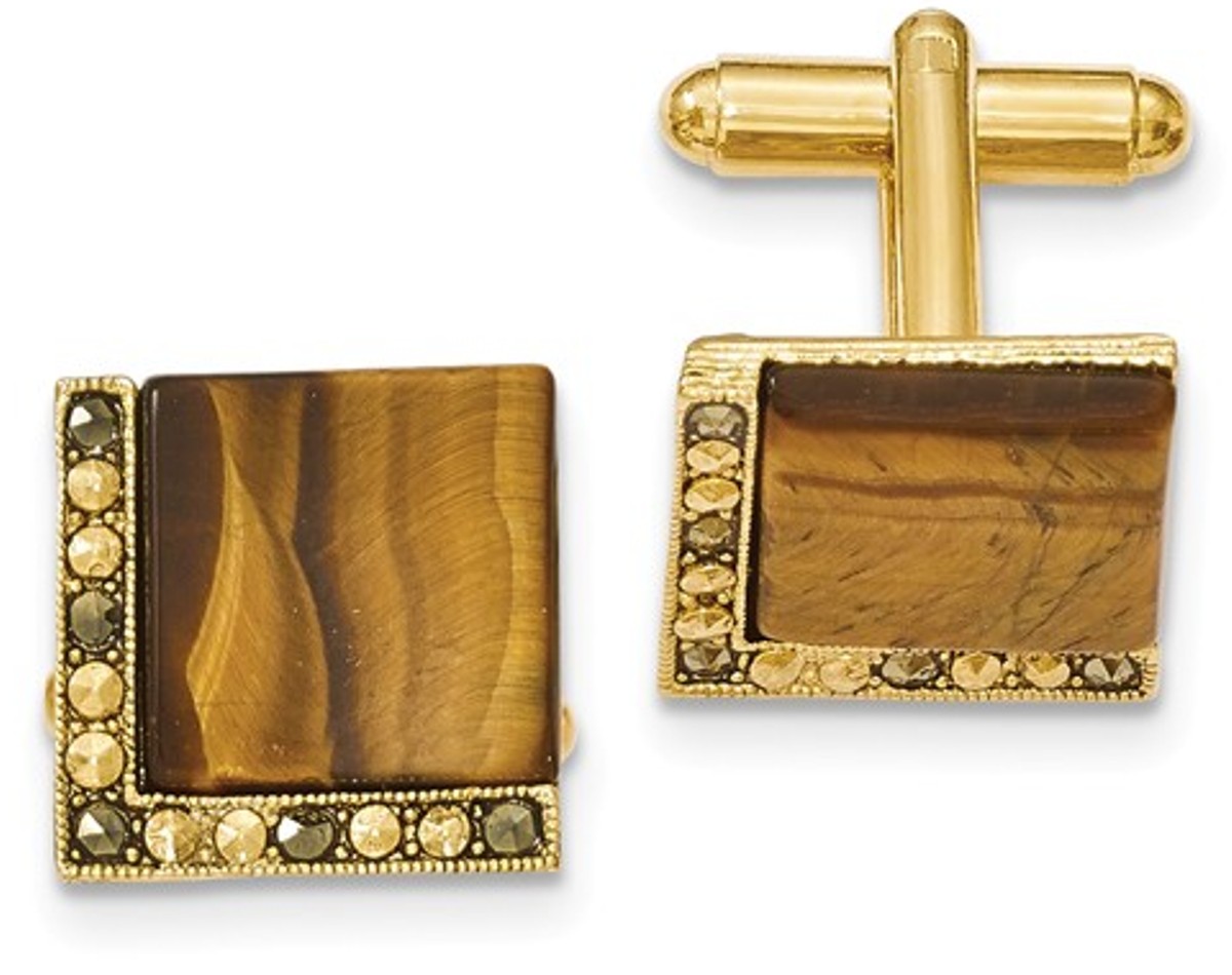 Gold-Tone Tiger Eye And Marcasite Cuff Links
