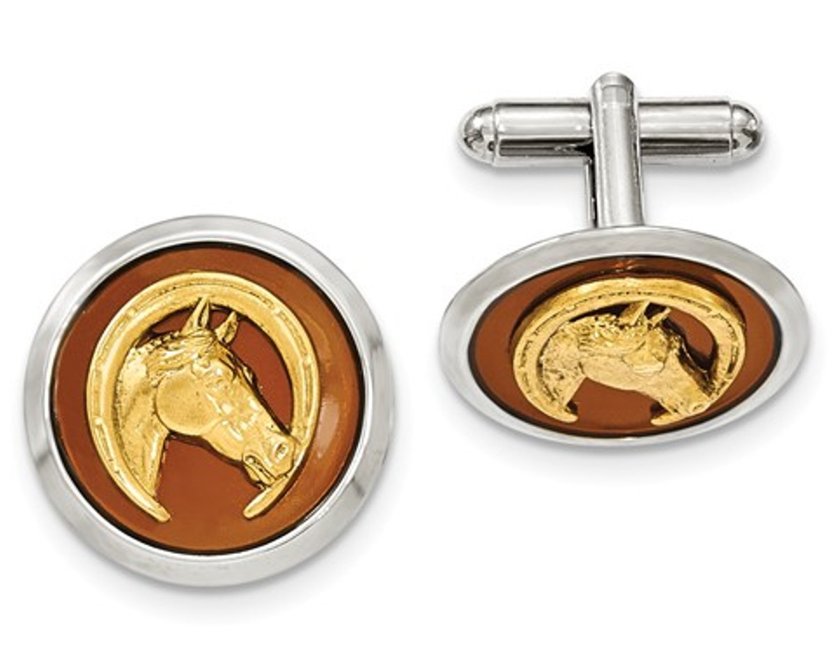 Silver And Gold-Tone Brown Enamel Horse And Horseshoe Cuff Links