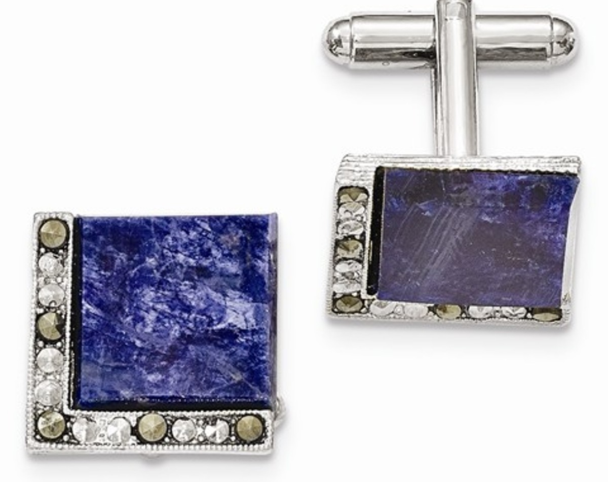 Silver-Tone Sodalite And Marcasite Cuff Links