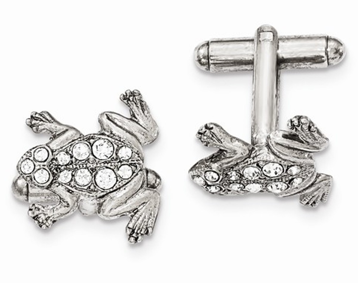 Silver-Tone White Crystal Frog Cuff Links