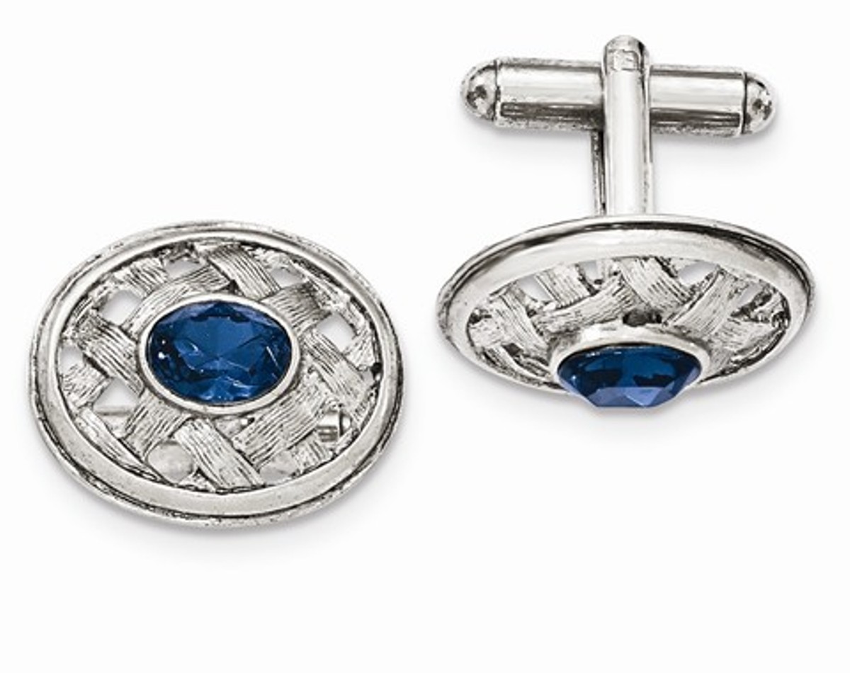 Silver-Tone Blue Crystal Textured Oval Cuff Links