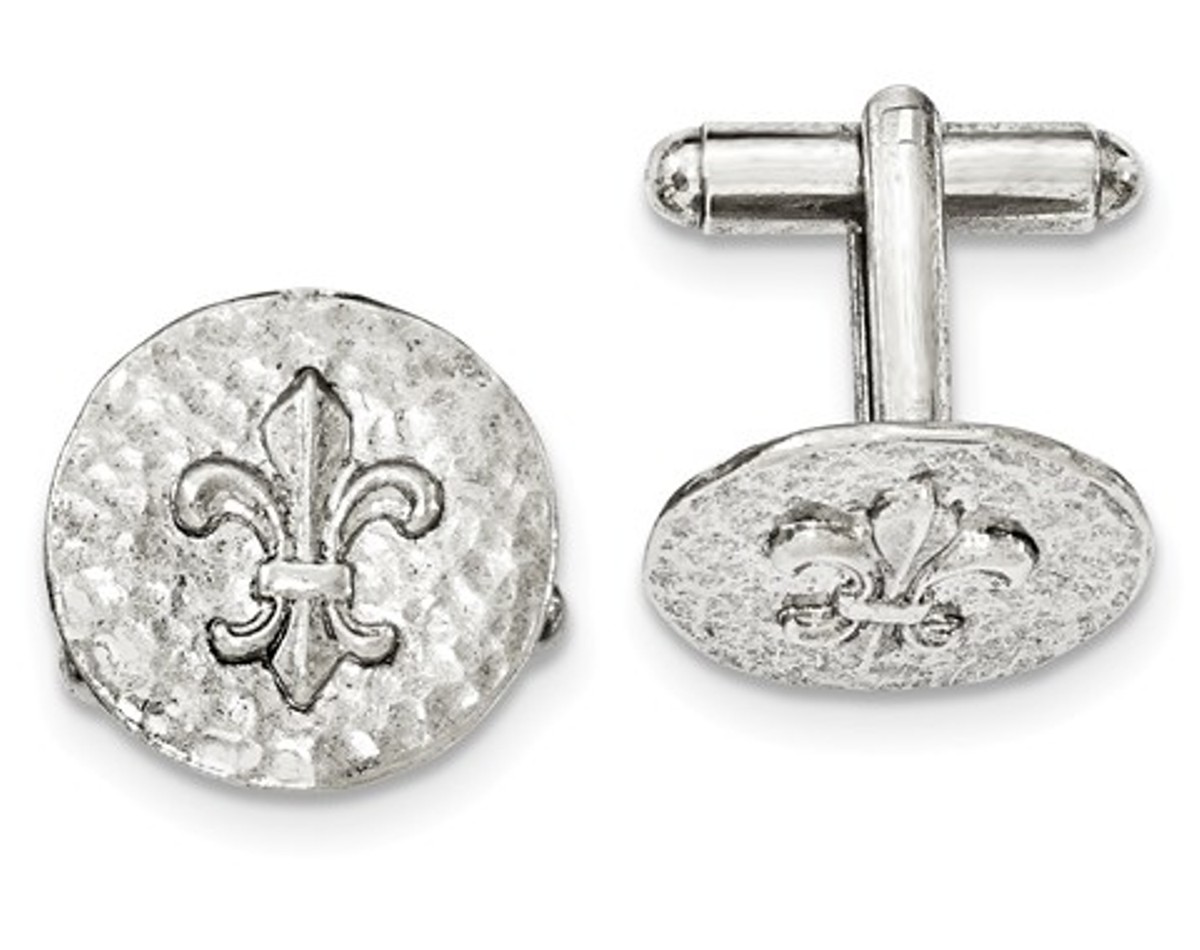 Silver-Tone Fleur De Lis Textured Round Cuff Links