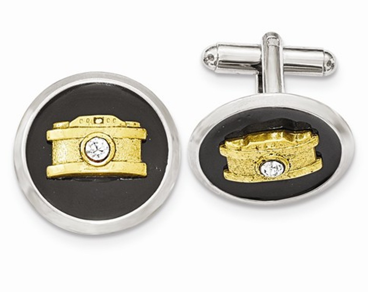 Silver And Gold-Tone White Crystal Black Enamel Camera Cuff Links