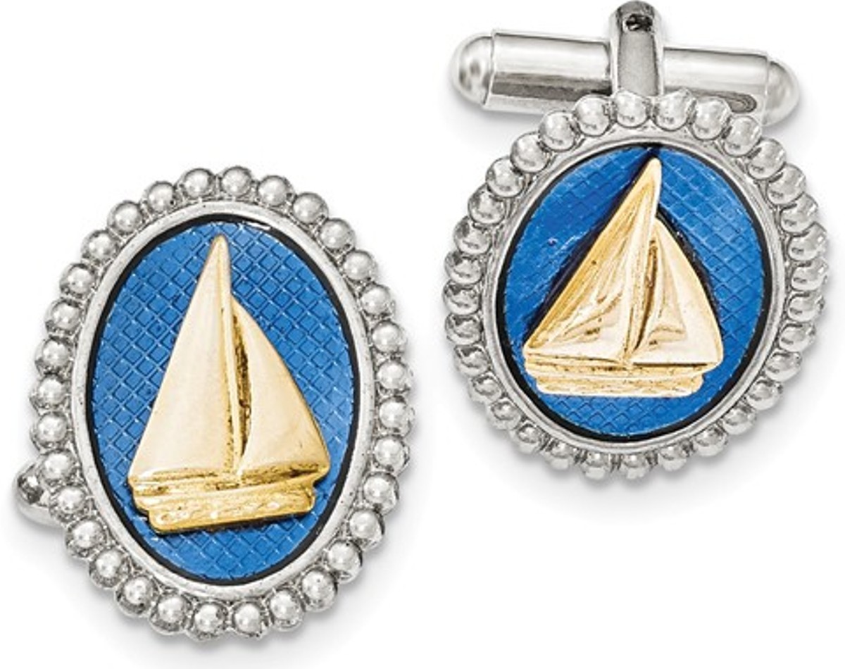 Silver And Gold-Tone Blue Enamel Sailboat Cuff Links