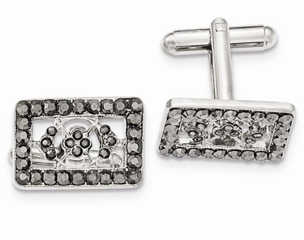 Silver-Tone Black Crystal Rectangle Cuff Links